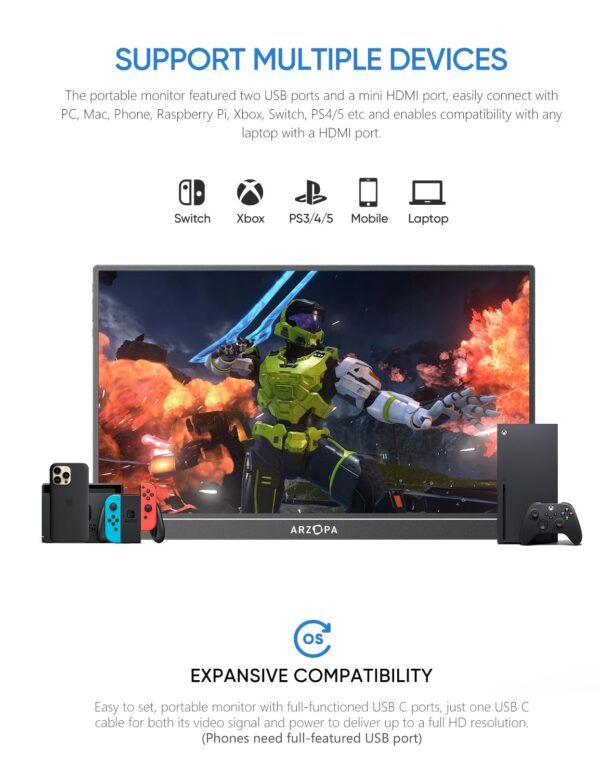 Arzopa 15.6 inch IPS  FHD HDR 1080P Resolution 100% SRGB 300 Nits Portable Monitor - Image 2