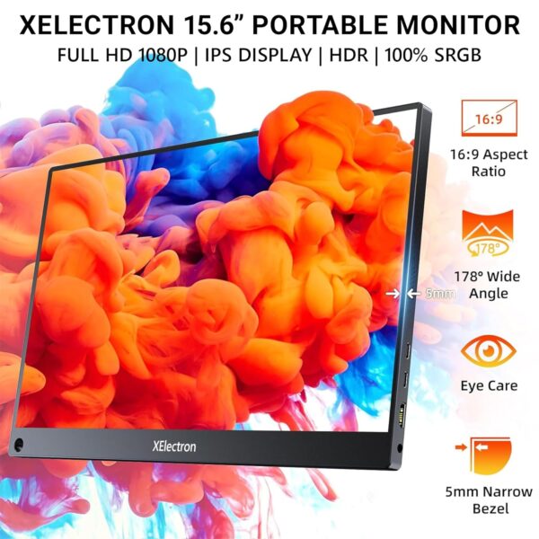 XElectron 15.6 inch IPS Portable Monitor Full HD 1080P Resolution HDR 100% SRGB 300 Nits USB C HDMI Eye Care with Smart Cover & Speakers - Image 6