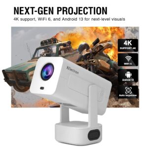 XElectron Techno Android 13 Smart Projector, 3X Brighter, 4X Louder, Remote Focus, 1080P & 4K Support, Rotatable Design, Auto & 4D Keystone with Netflix, Prime, YouTube, etc, WiFi 6 & BT, 720P Native