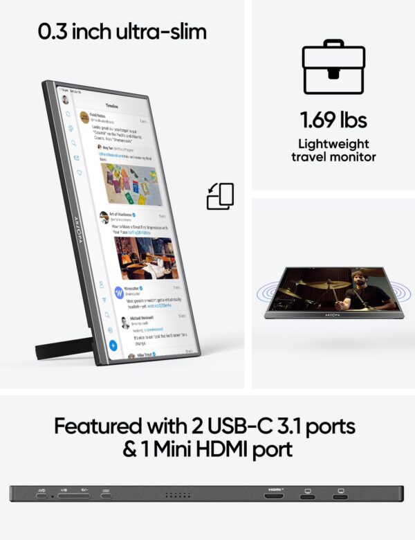 ARZOPA 17.3'' Portable Monitor,103% sRGB FHD 1080P IPS Gaming Monitor Laptop Monitor with Built-in Kickstand Speaker HDMI USB C 60Hz External Screen for PC MacBook Mobile Xbox PS5 - Image 4