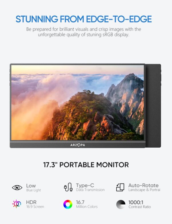 ARZOPA 17.3'' Portable Monitor,103% sRGB FHD 1080P IPS Gaming Monitor Laptop Monitor with Built-in Kickstand Speaker HDMI USB C 60Hz External Screen for PC MacBook Mobile Xbox PS5 - Image 6