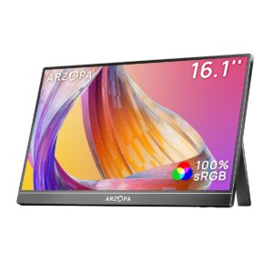 ARZOPA 16.1'' FHD 1080P Portable Monitor, Kickstand Portable Laptop Monitor with Speaker IPS Eye Care 60Hz Screen for Laptop, PC, Mobile,PS5, MacBook, Xbox- USB C & HDMI Connectivity