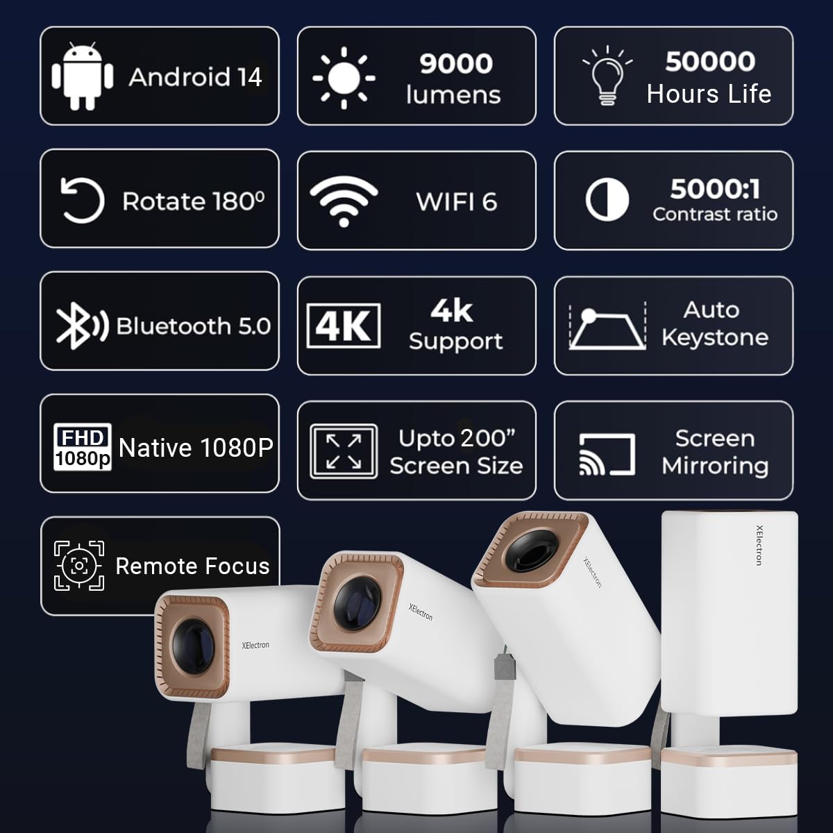 XElectron Techno Plus Android 14 Smart Home Projector for room, 1080P native, 4K Support, Inbuilt Speaker, Rotatable, Electric Focus, Auto & 4P Keystone with Built-in Apps, WiFi & BT, Screen Mirroring - Image 7
